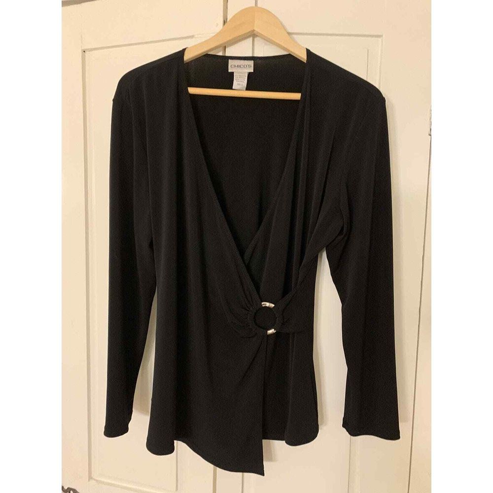 Chicos 2 Faux Wrap Top‎ Womens 10/12 Black Slinky No Iron Stretch Blouse Silver